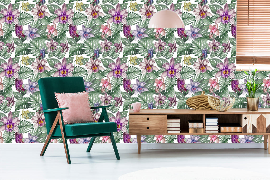 Tapeta Kolorowe Kwiaty Orchidei I Liście Monstery
