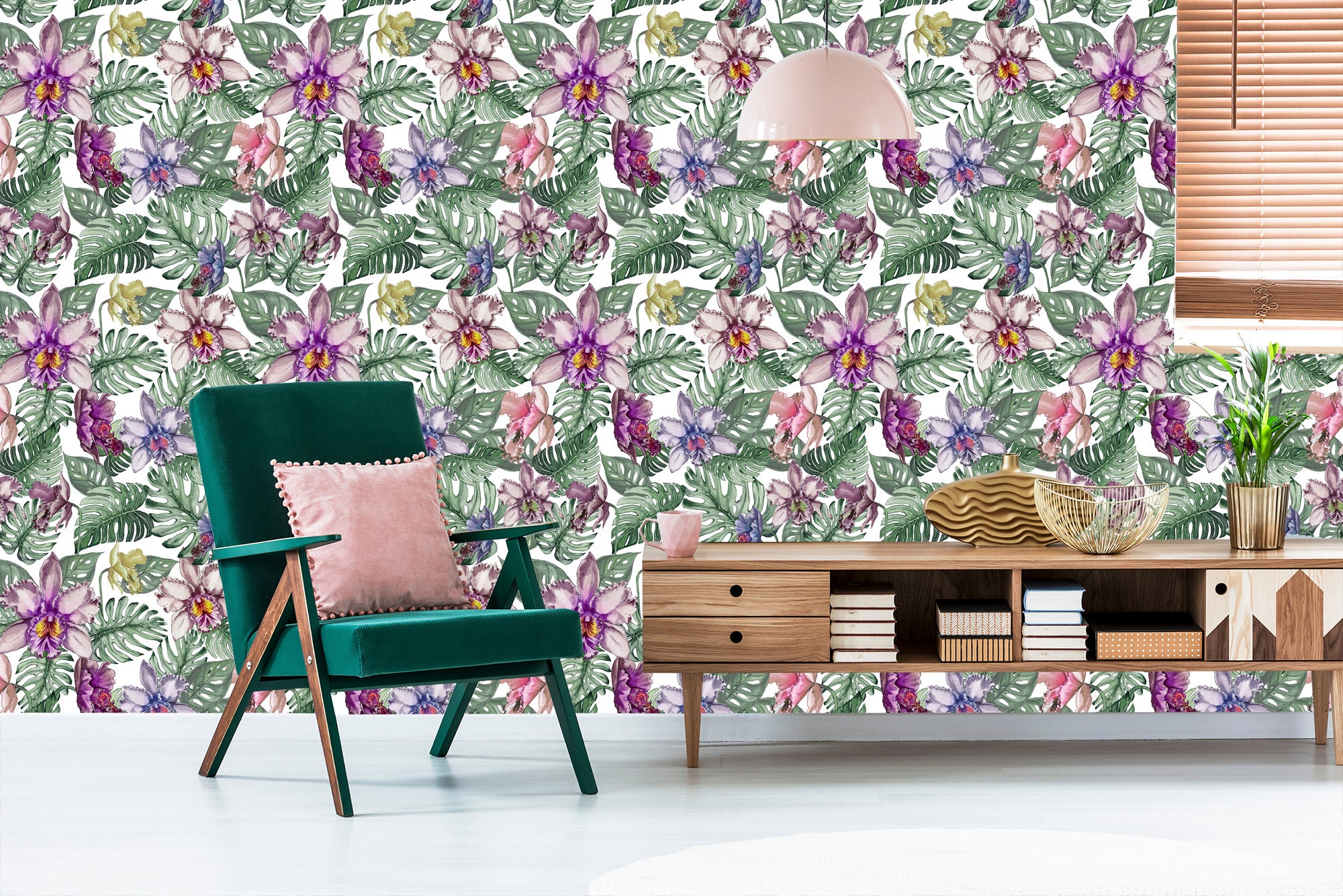 Tapeta Kolorowe Kwiaty Orchidei I Liście Monstery