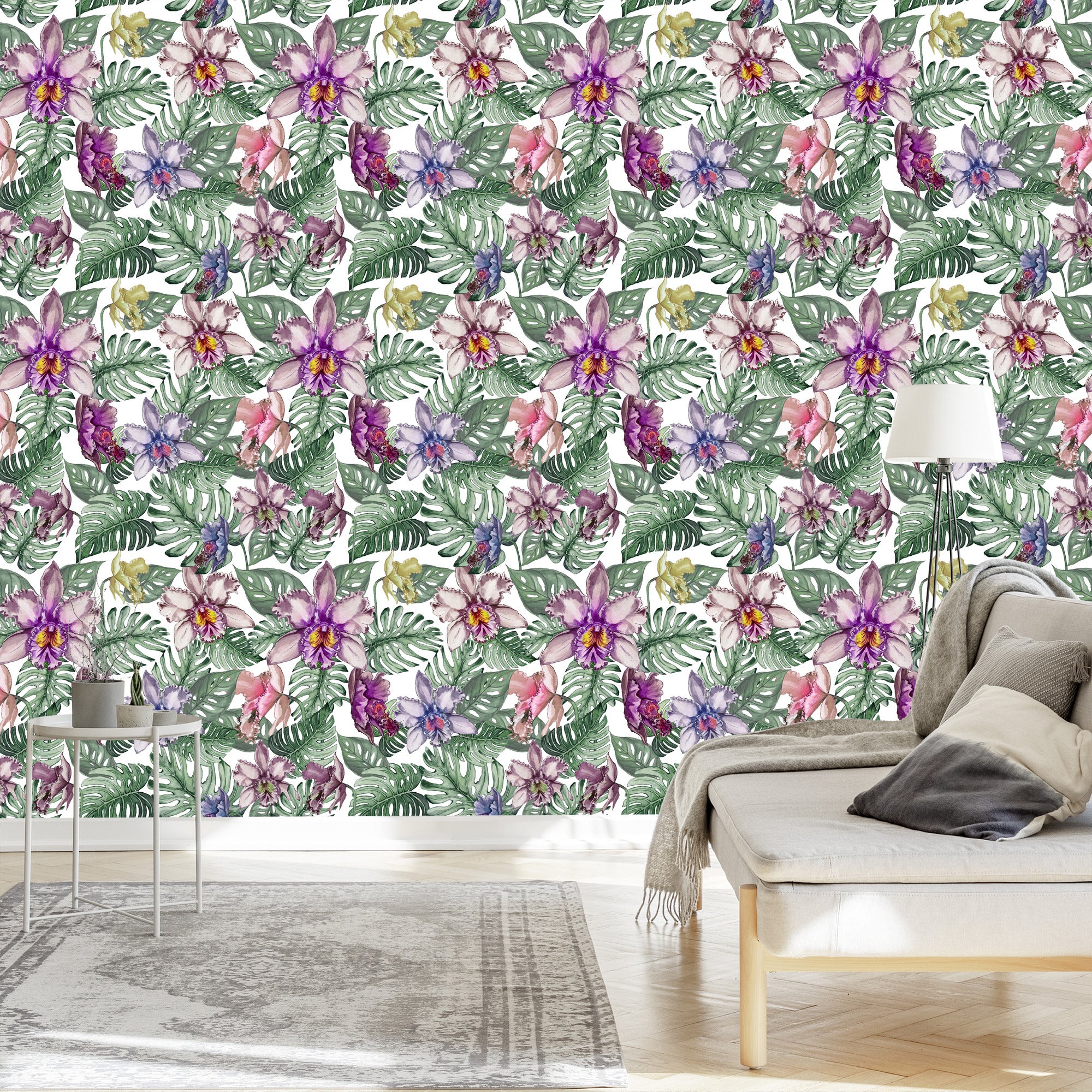 Tapeta Kolorowe Kwiaty Orchidei I Liście Monstery