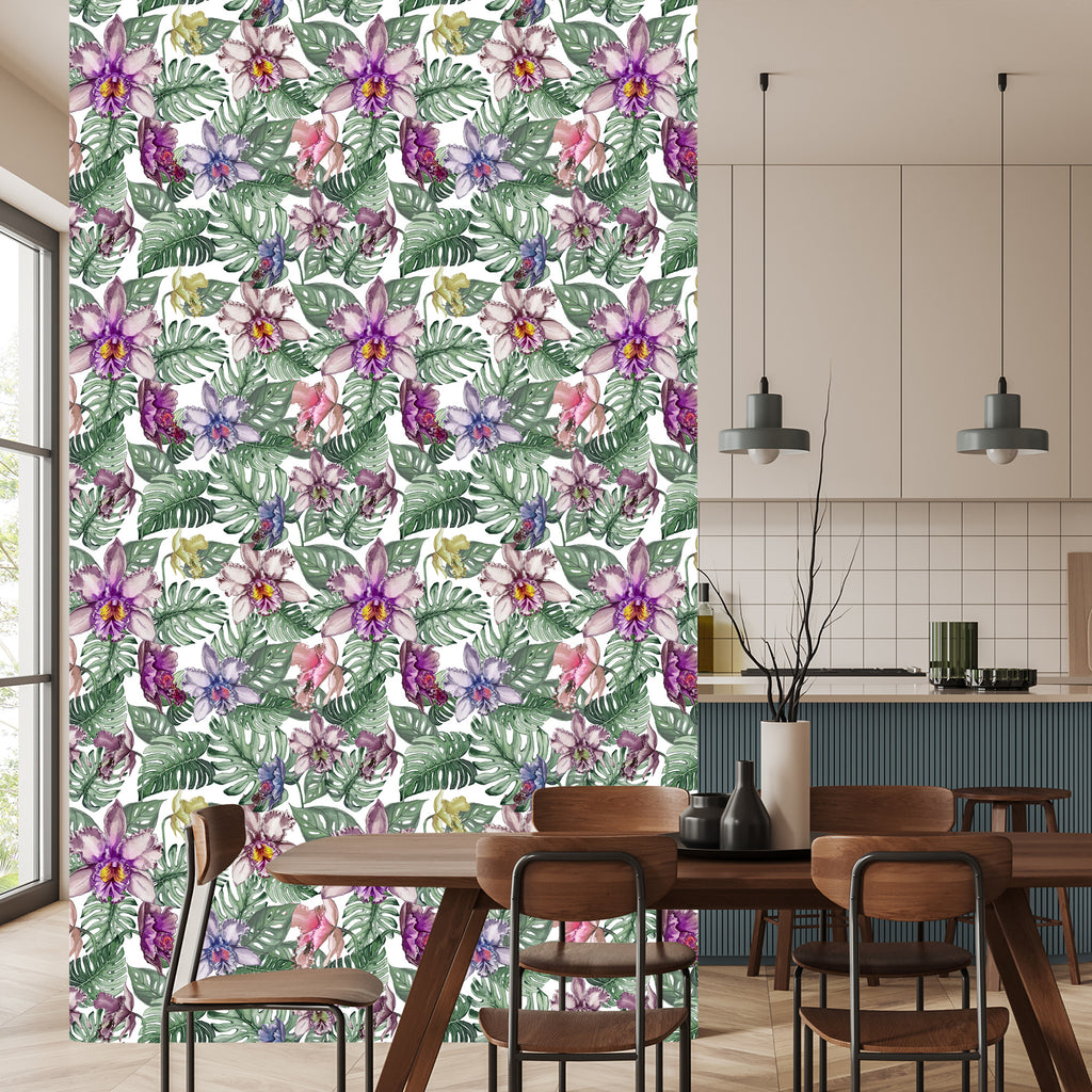 Tapeta Kolorowe Kwiaty Orchidei I Liście Monstery