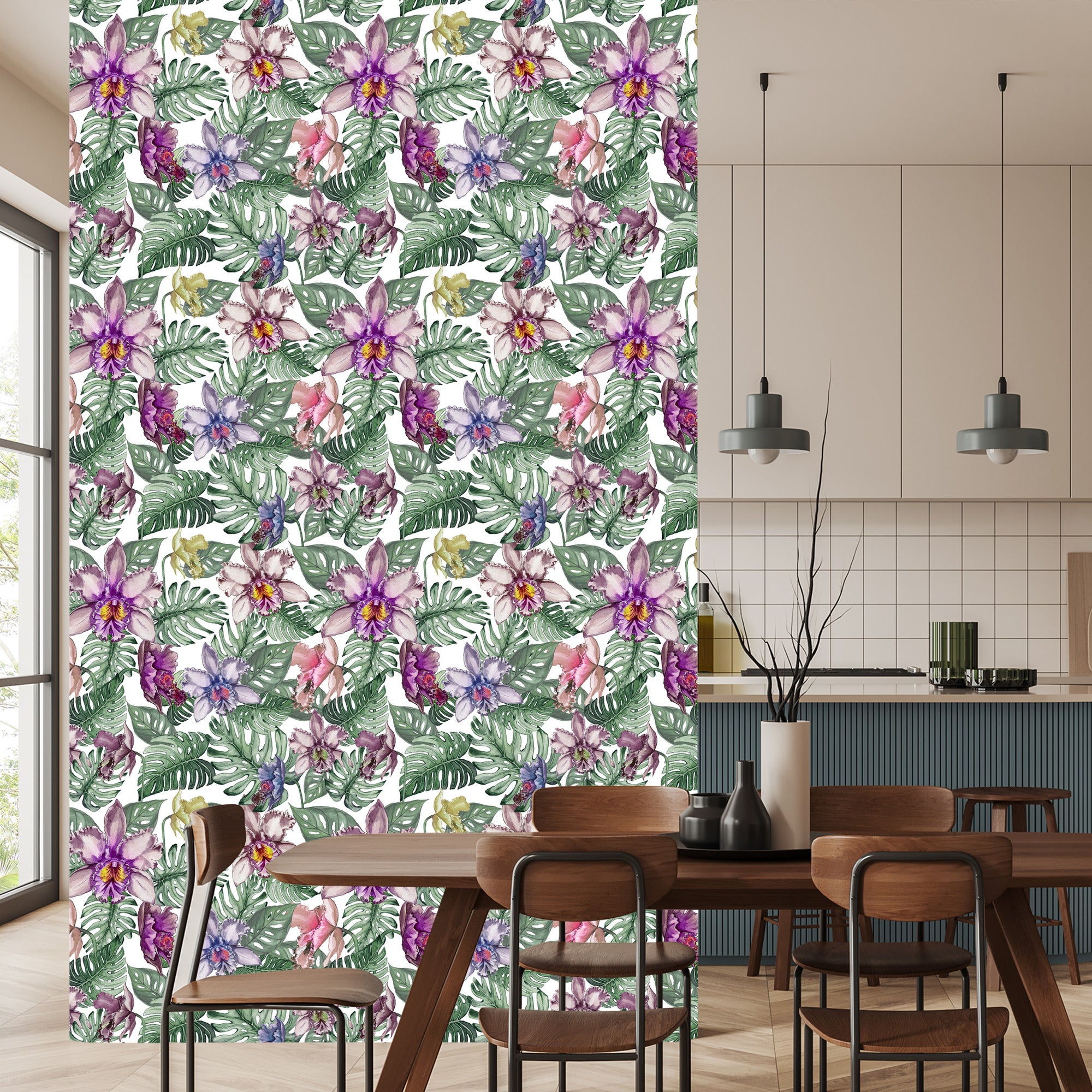 Tapeta Kolorowe Kwiaty Orchidei I Liście Monstery