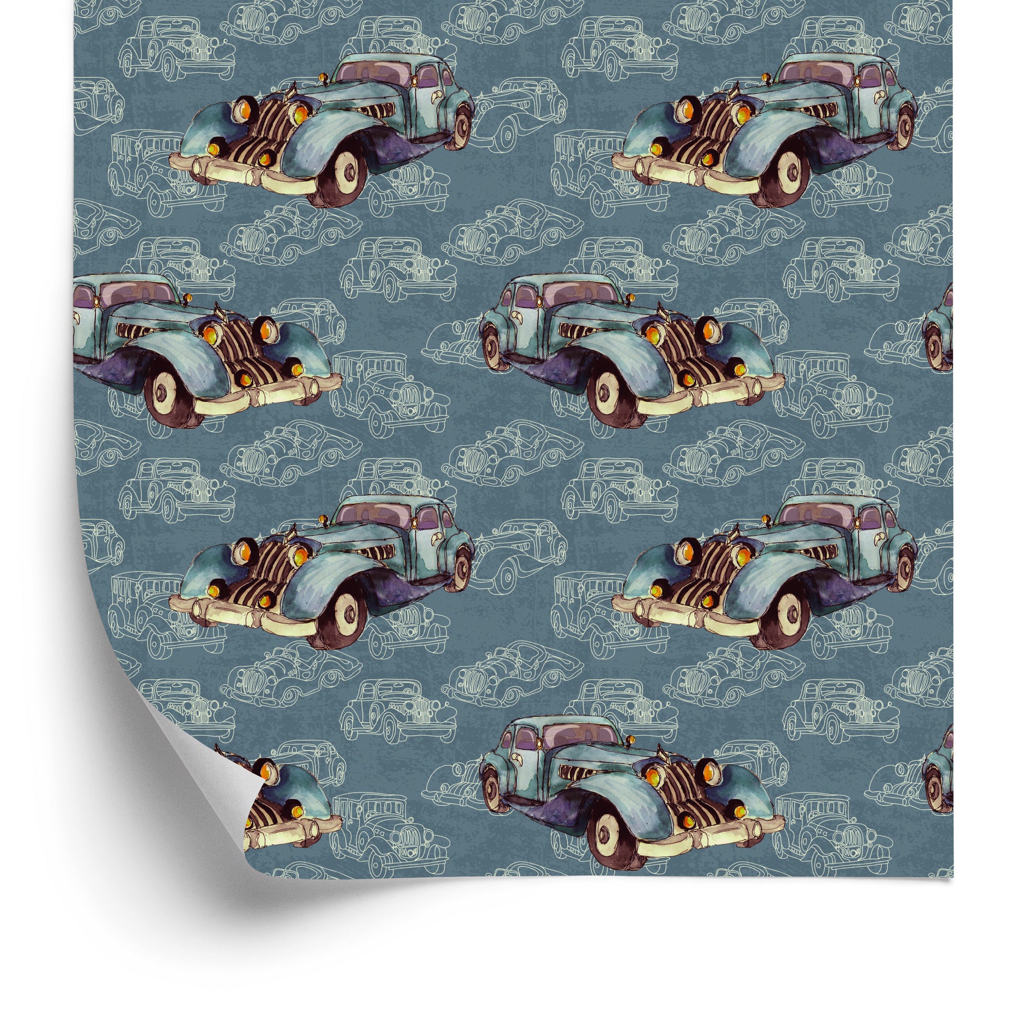Tapeta Dla Dzieci - Starodawne Auta Malowane Akwarelą W Stylu Vintage
