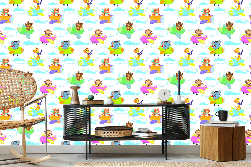 Tapeta Dla Dzieci - Zwierzątka Samoloty