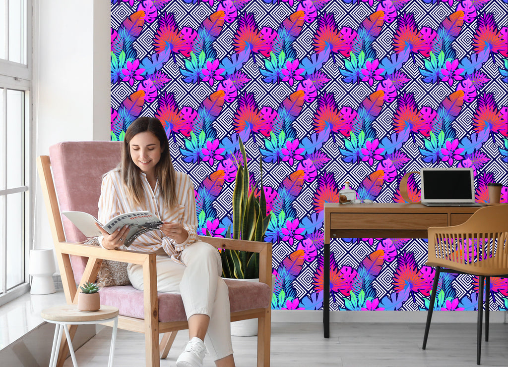 Tapeta Liście Na Wzorach Geometrycznych