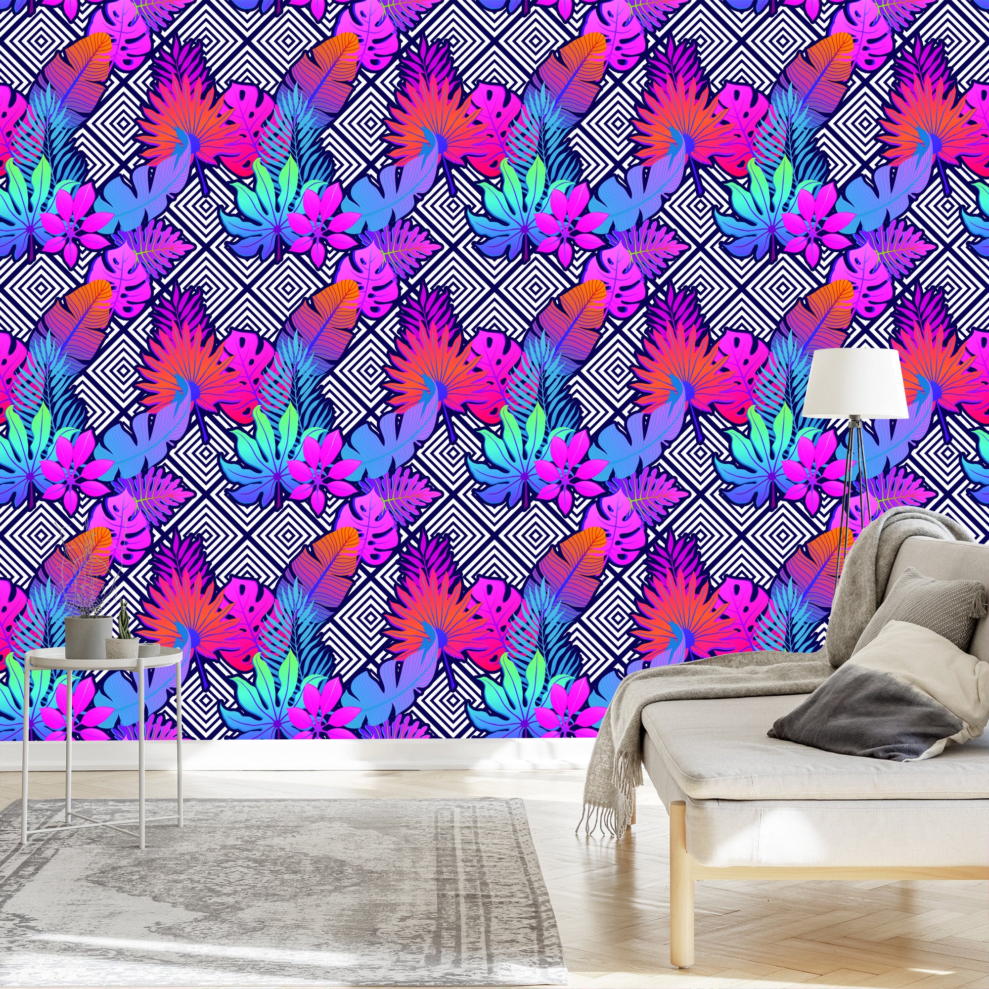 Tapeta Liście Na Wzorach Geometrycznych