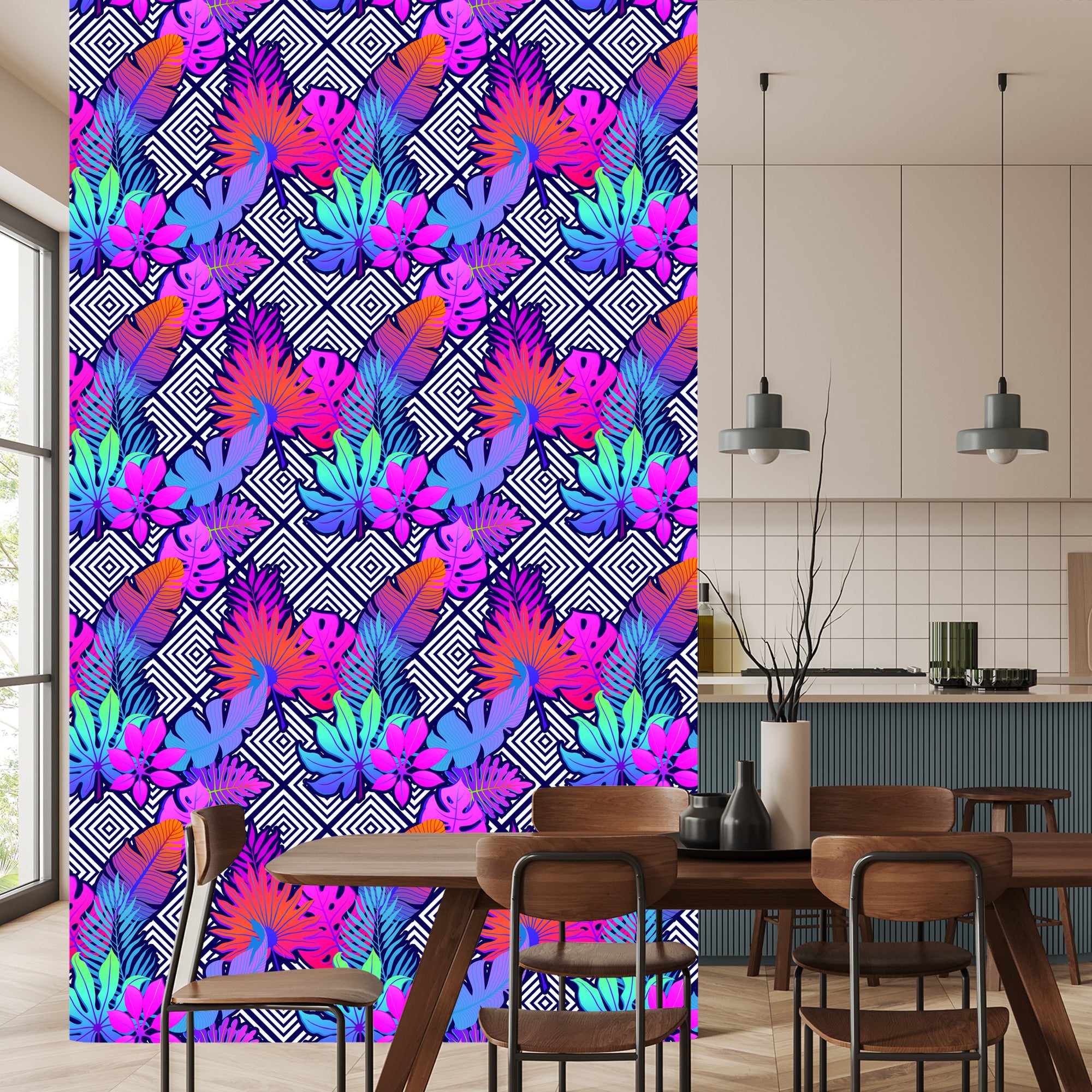Tapeta Liście Na Wzorach Geometrycznych