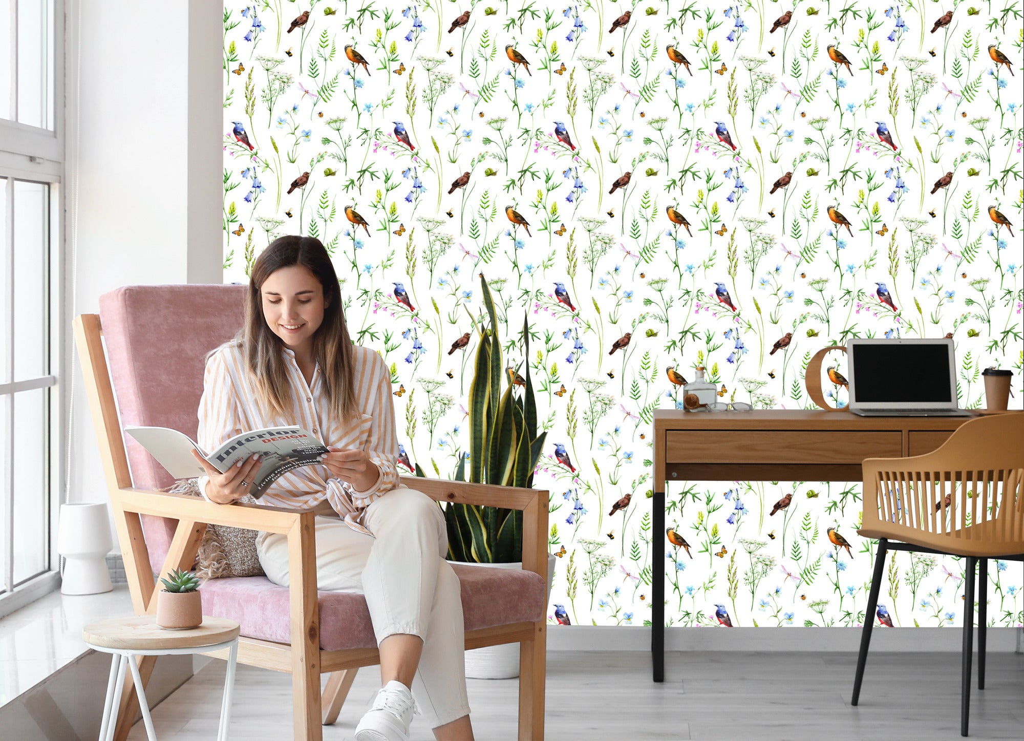 Tapeta Do Salonu Ptaki Kwiaty Liście Natura Motyle