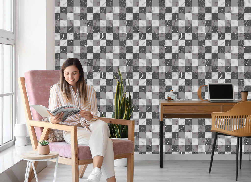 Tapeta Modernistyczna Szara Krata Na Wzór Marmuru