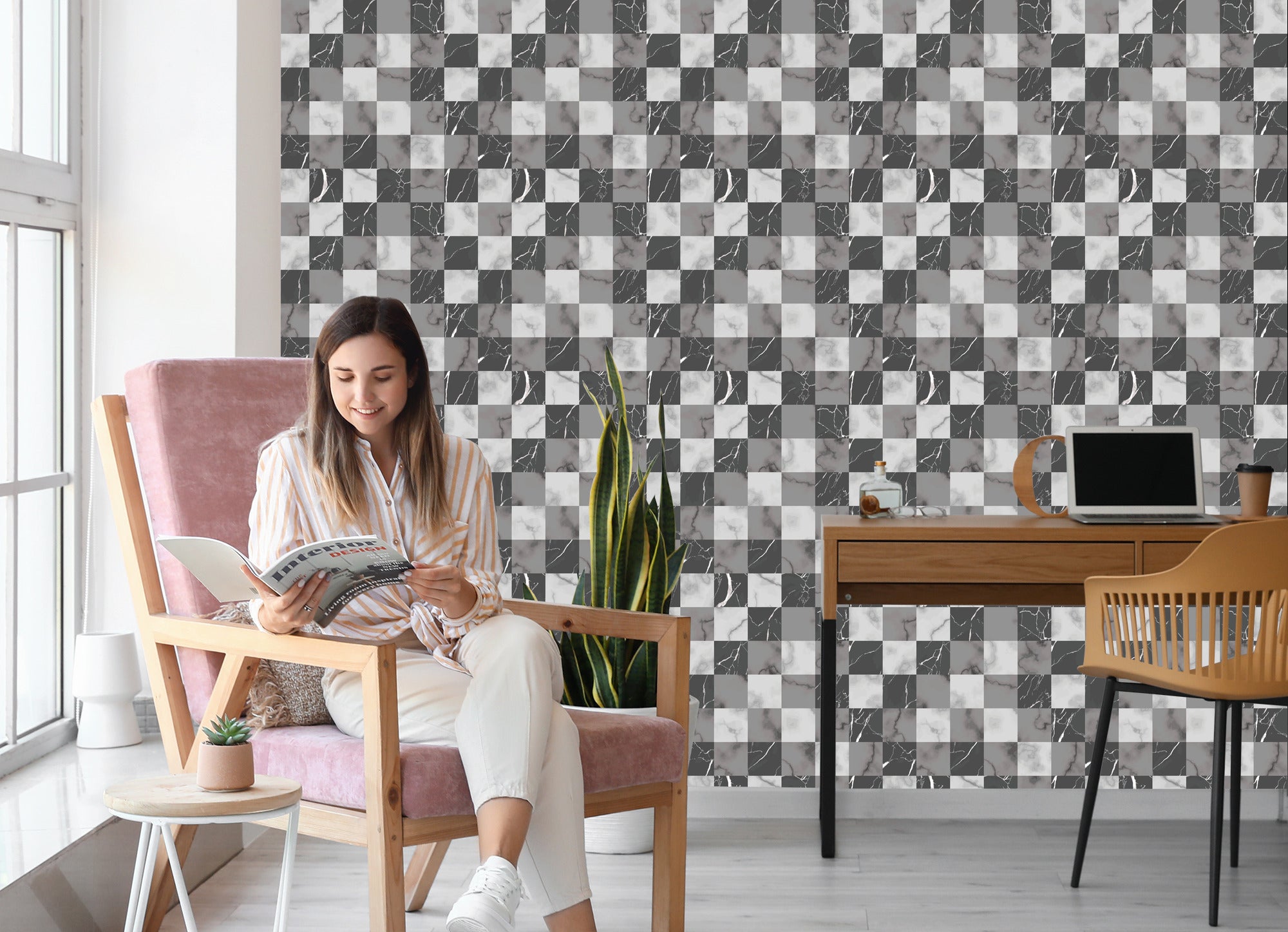 Tapeta Modernistyczna Szara Krata Na Wzór Marmuru