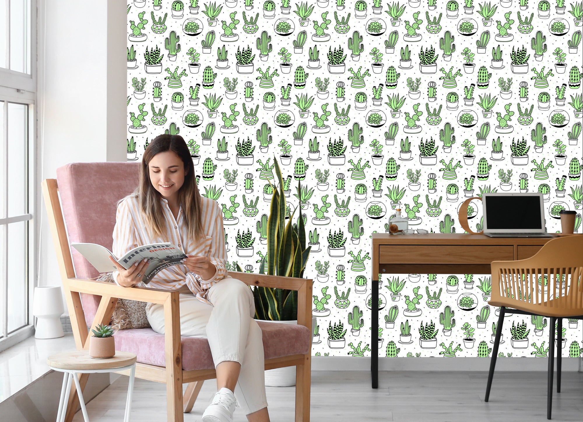 Tapeta Do Sypialni, Kaktusy W Stylu Skandynawskim