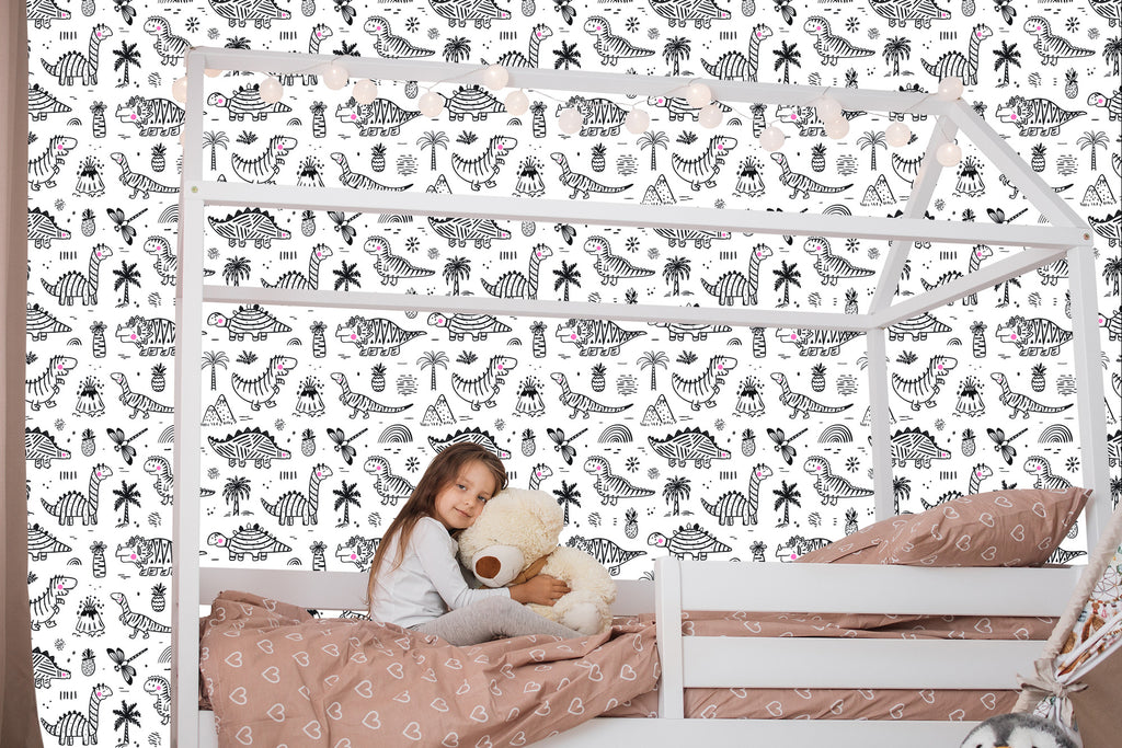 Tapeta Dla Dzieci Dinozaury, Drzewa, Góry, Kwiaty