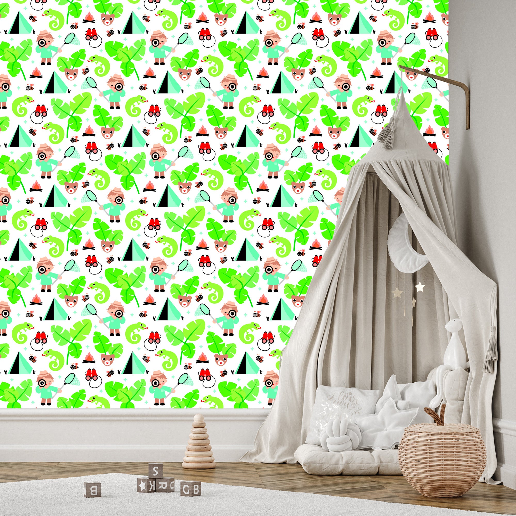 Tapeta Do Pokoju Chłopca Liście, Zieleń, Zwierzęta