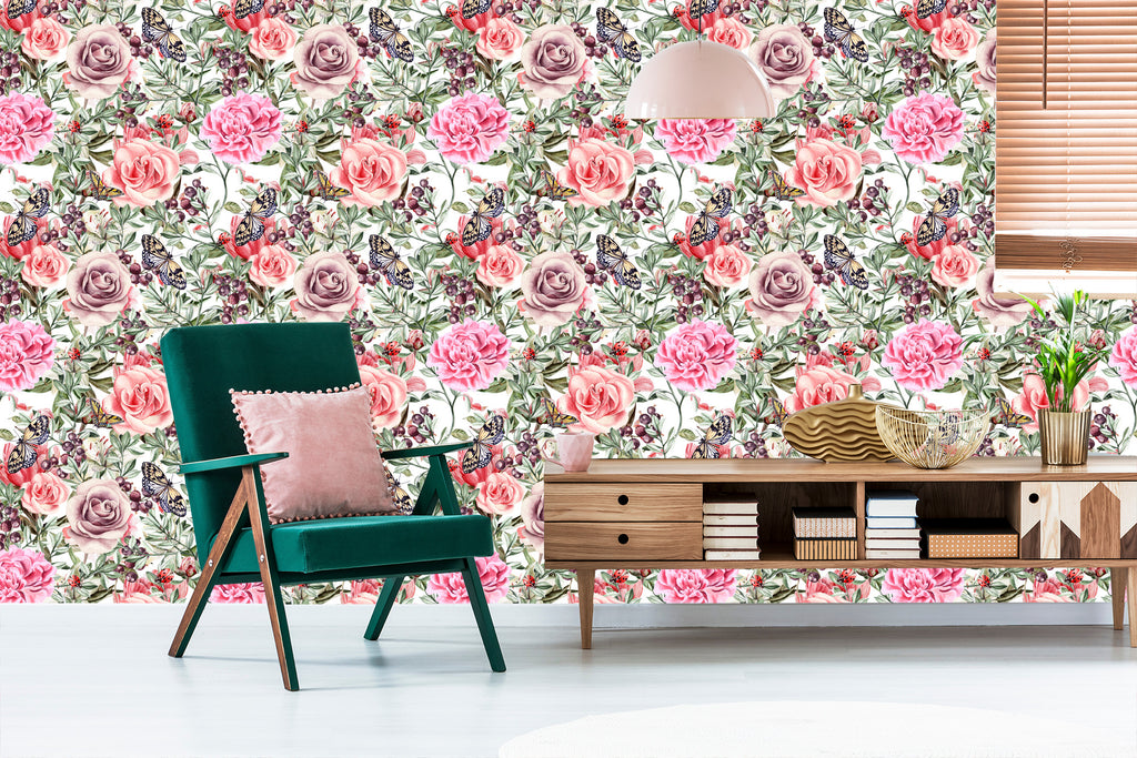 Tapeta Kolorowe Róże I Peonie-Akwarela