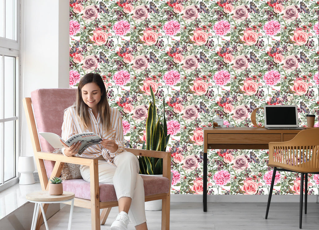 Tapeta Kolorowe Róże I Peonie-Akwarela