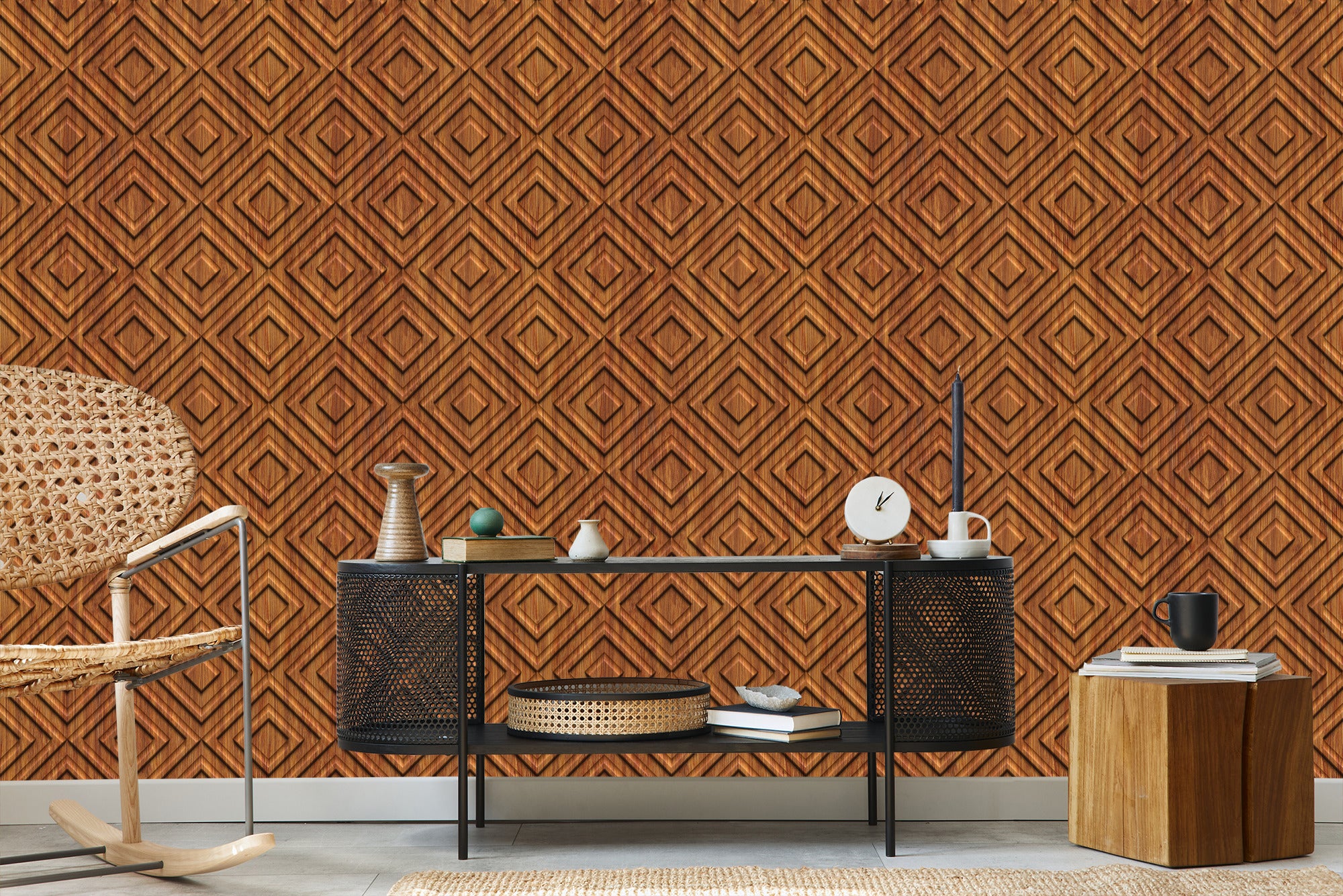 Tapeta Drewniany Wzór Geometryczny Retro