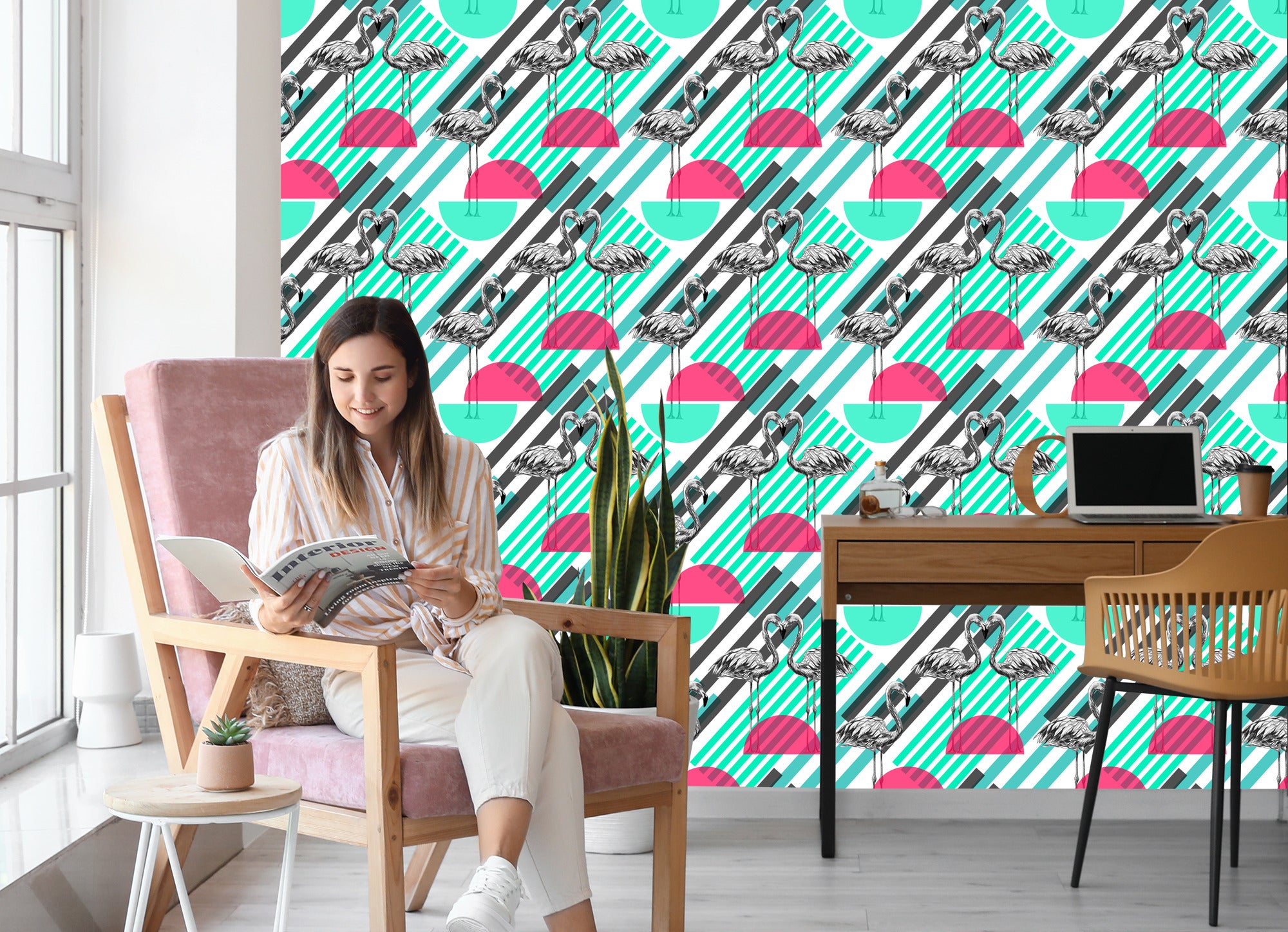 Tapeta Flamingi I Geometryczne Wzory