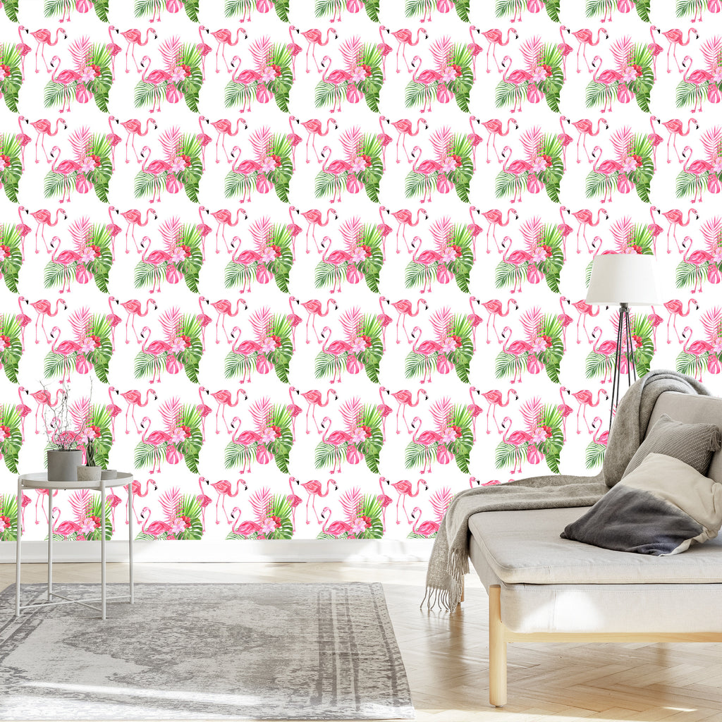 Tapeta Do Salonu, Flamingi, Kwiaty, Zieleń